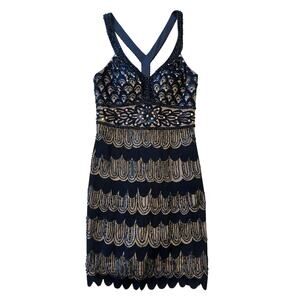 Sue Wong Nocturne Black Nude Beaded Embroidered Cocktail Dress Size 4
